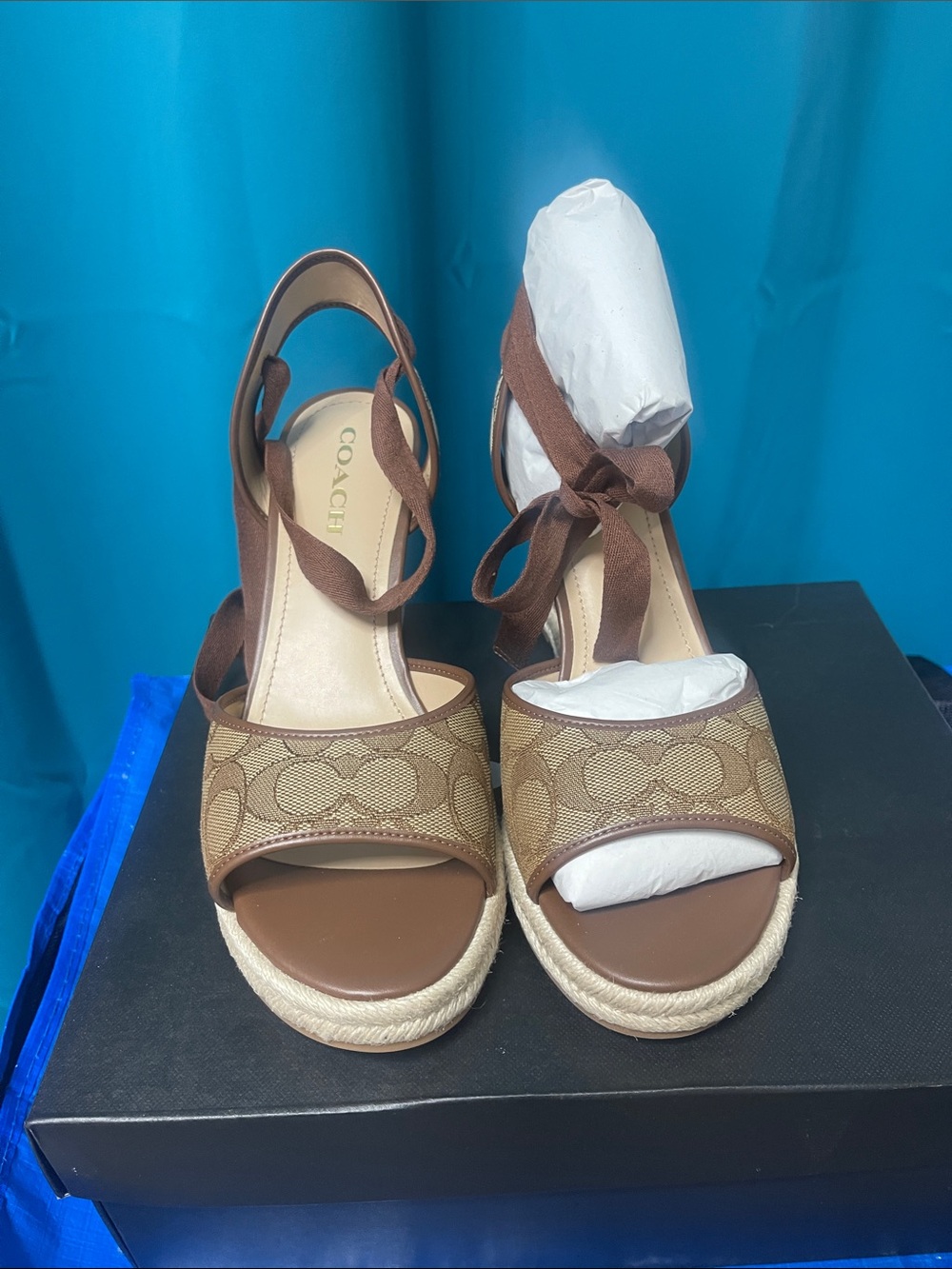 COACH Tan & Brown Signature Canvas Espadrille Wedge Sandals